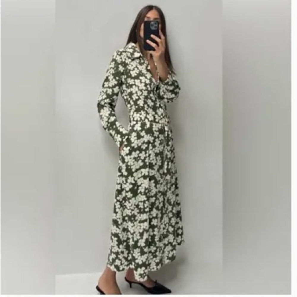 Zara Olive Green and White Floral Long Sleeve Maxi Dress